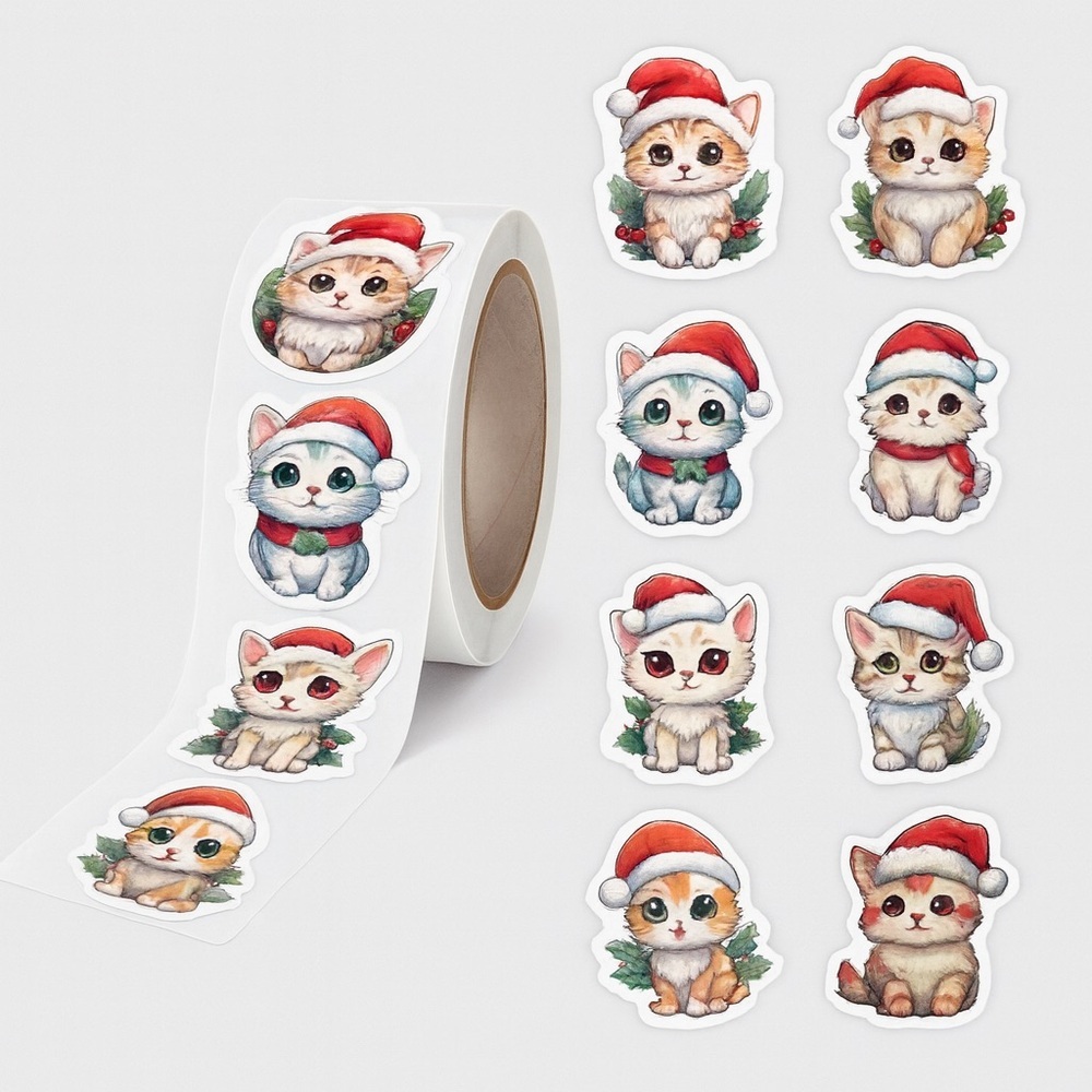 100 Stickers 1 Inch | Cute Cat Christmas Labels for Packaging & Crafts